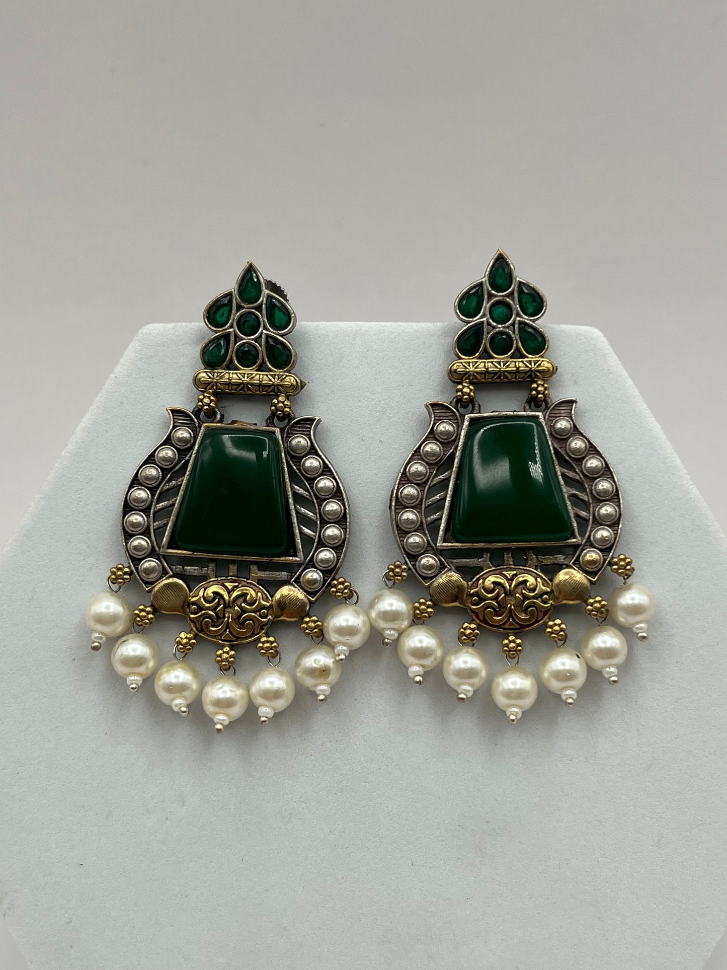 Bhumika big green stone pearl hanging earring