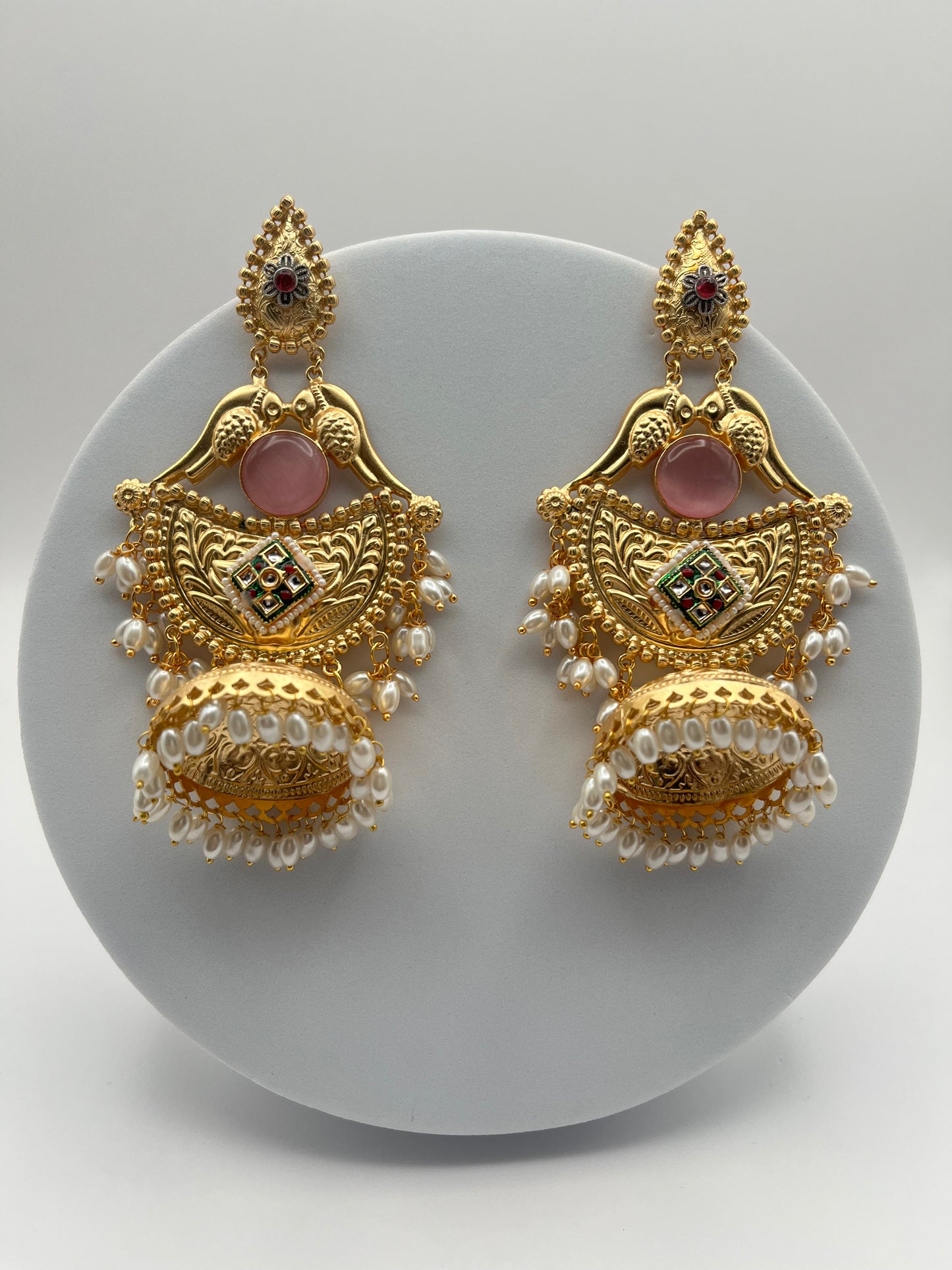 Sharvari Pink Stone Long Golden Earring