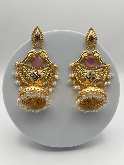 Sharvari Pink Stone Long Golden Earring