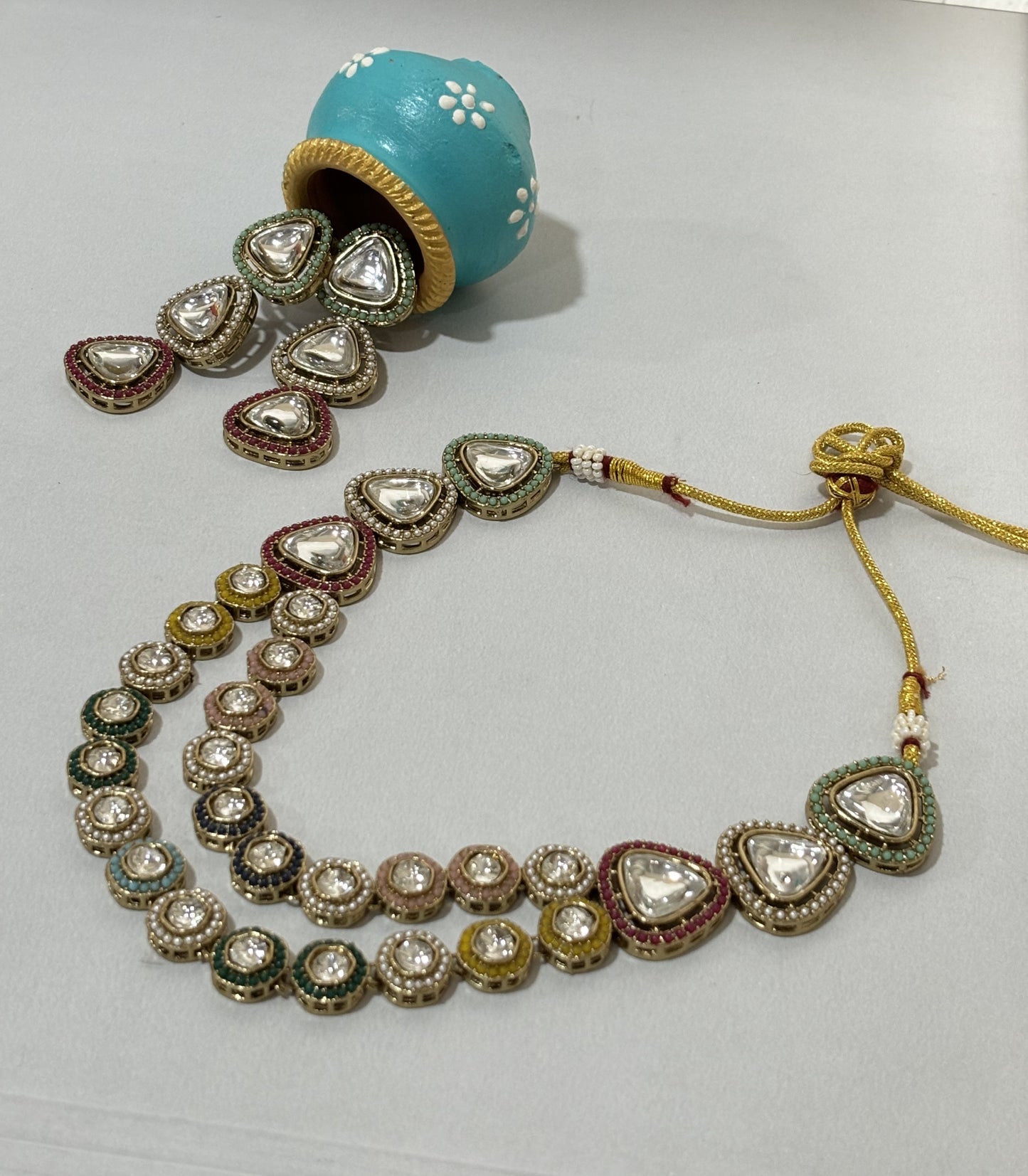 Kiyana Colorful Double Line Kundan Necklace Set