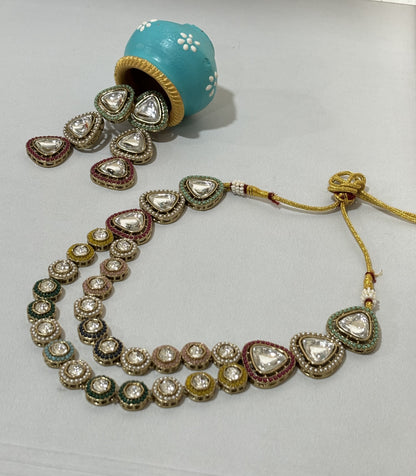 Kiyana Colorful Double Line Kundan Necklace Set