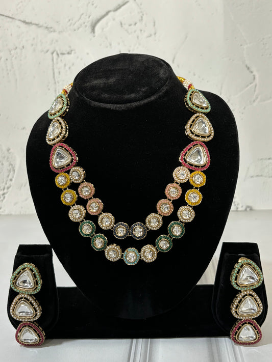 Kiyana Colorful Double Line Kundan Necklace Set