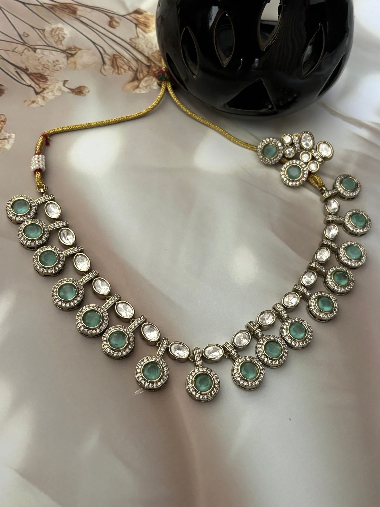 Kashvi Kundan Sea Green Necklace Set