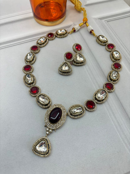 Long Ruby Stones Kundan Necklace with Earrings