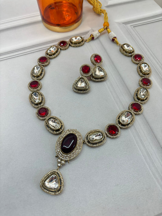 Long Ruby Stones Kundan Necklace with Earrings