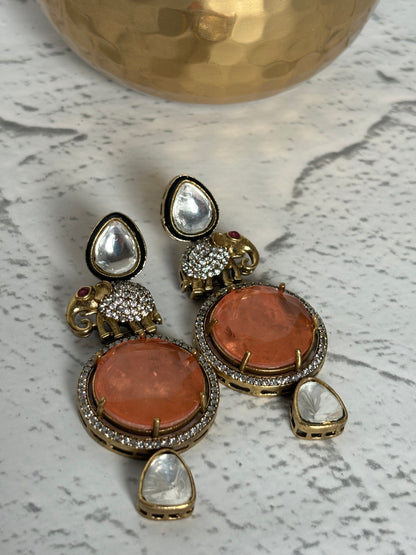 Elephant Figure Orange Stone Kundan Earrings