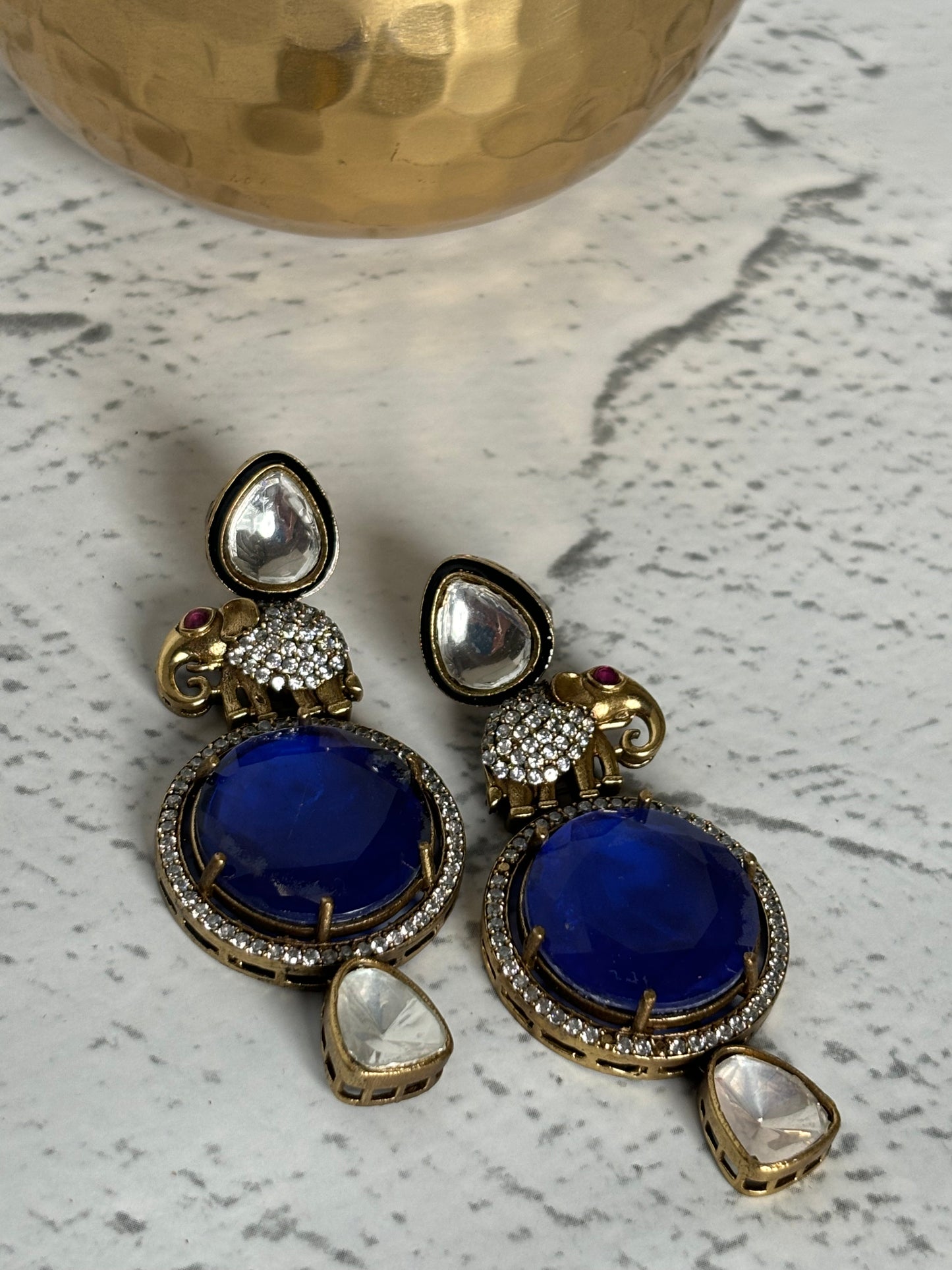 Elephant Figure Blue Stone Kundan Earrings