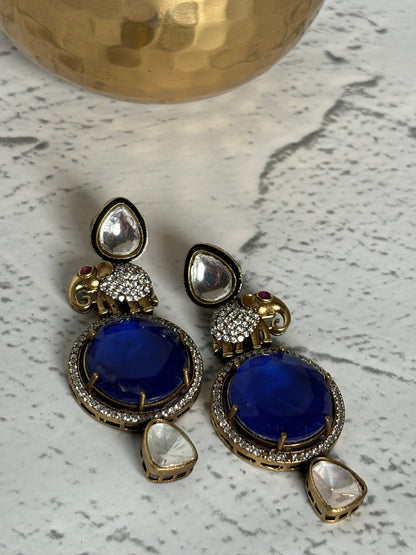 Elephant Figure Blue Stone Kundan Earrings