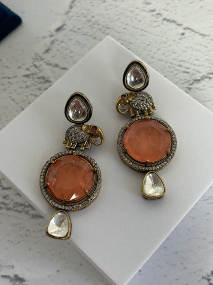 Elephant Figure Orange Stone Kundan Earrings