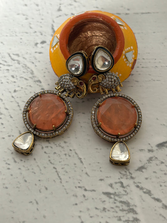 Elephant Figure Orange Stone Kundan Earrings