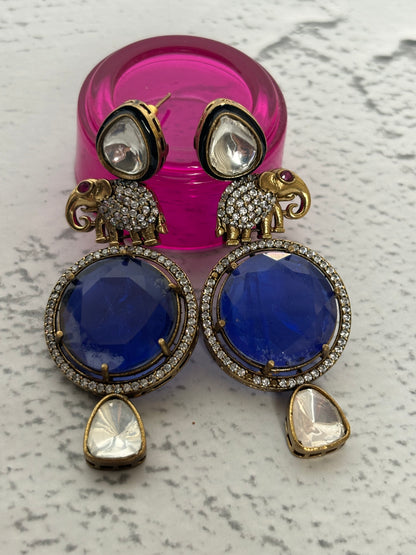 Elephant Figure Blue Stone Kundan Earrings
