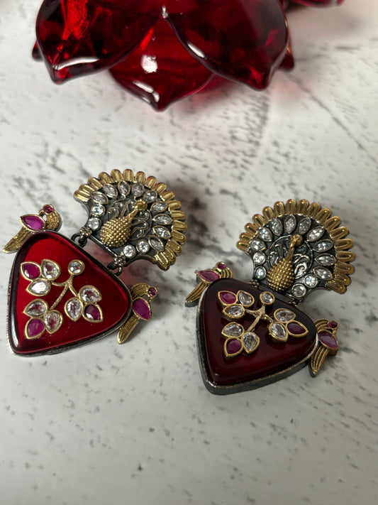 Peacock Shaped Red Antique Earrings