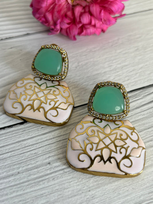 Indo Western Sea Green Stone Victorian Earrings
