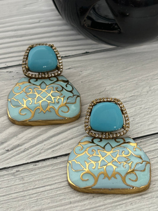 Indo Western Turquoise Blue Stone Victorian Earrings