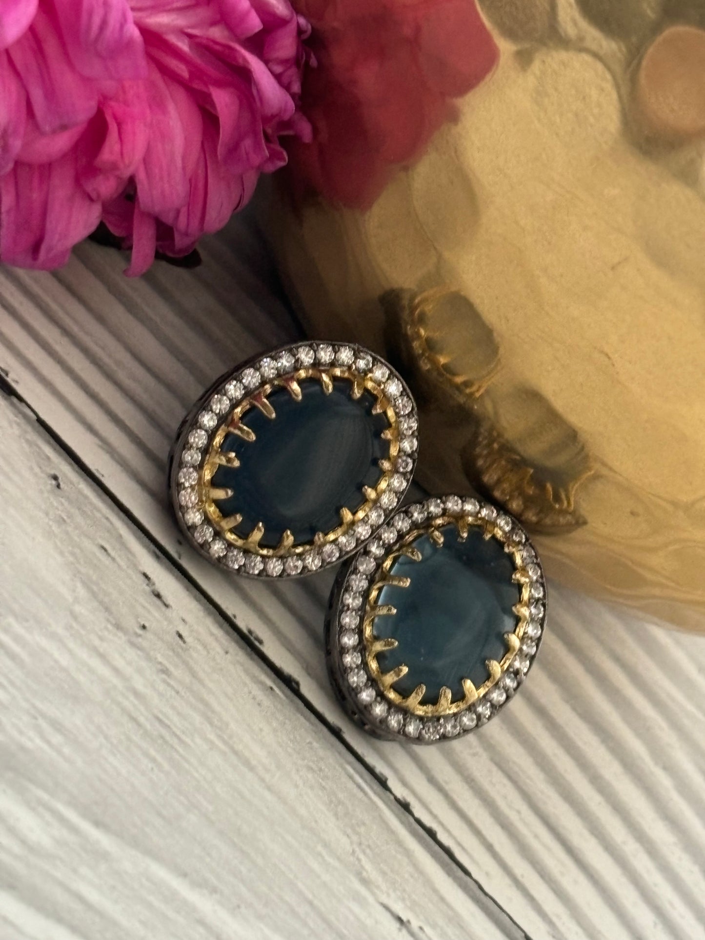 Sapphire Stone Engraved Diamonds Earrings