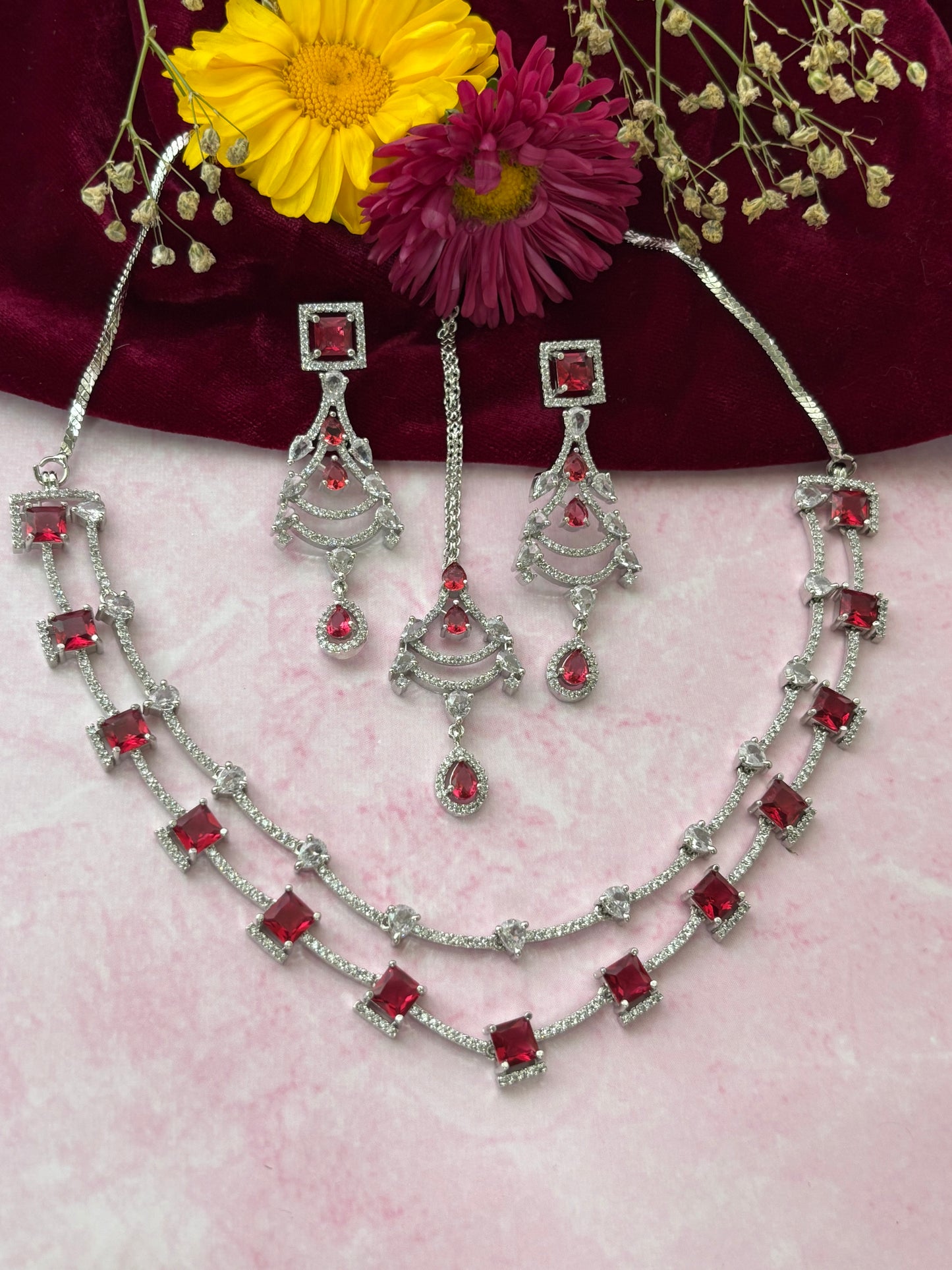 Rumi Square Shape Ruby Necklace Set with Maang Tikka