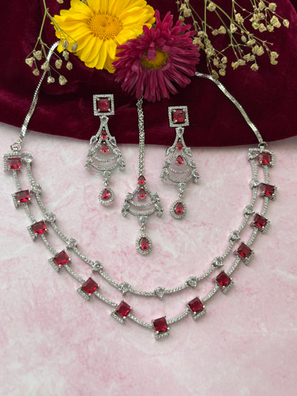Rumi Square Shape Ruby Necklace Set with Maang Tikka