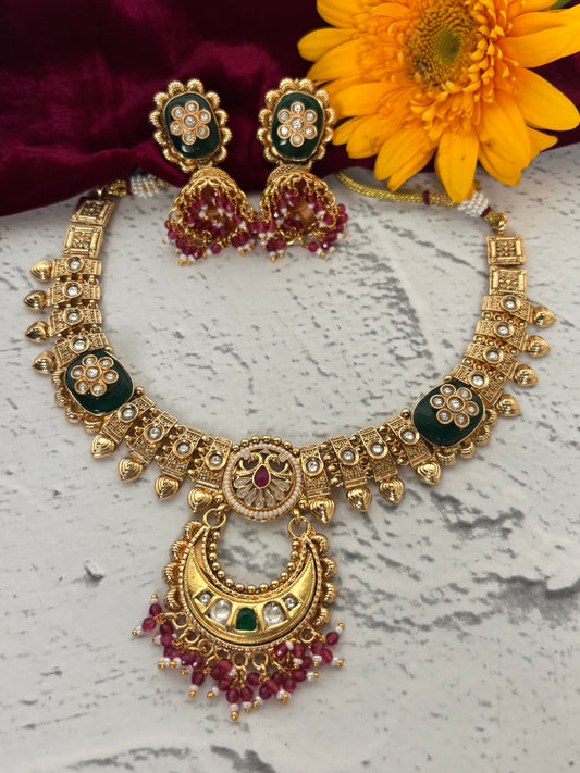 Trisha Antique Green Pink Rajwadi Necklace Set