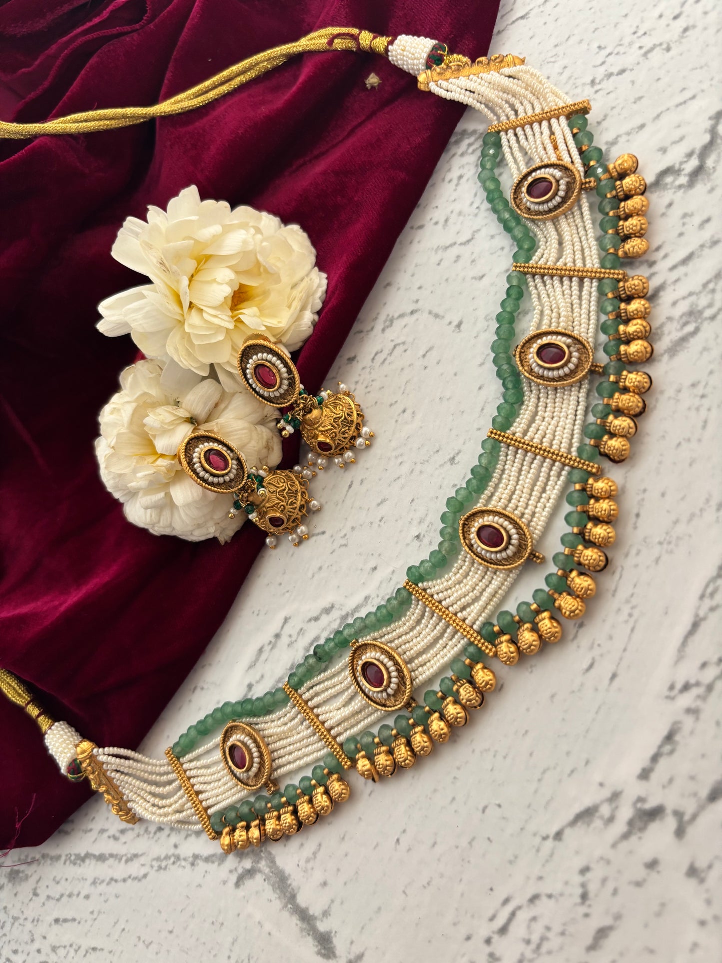 Kriti Red Green Pearl Choker Set