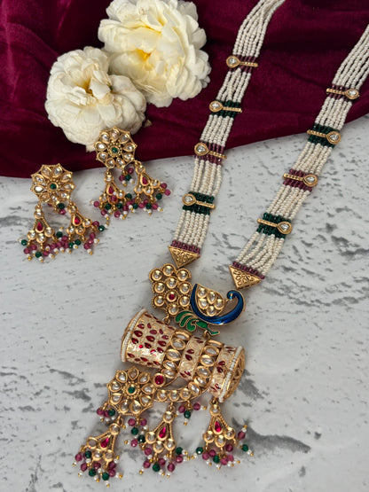 Mayuri Pink Green Pearl Long Necklace Set