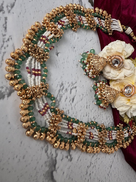Sanvi Green Pink Pearl Necklave Set