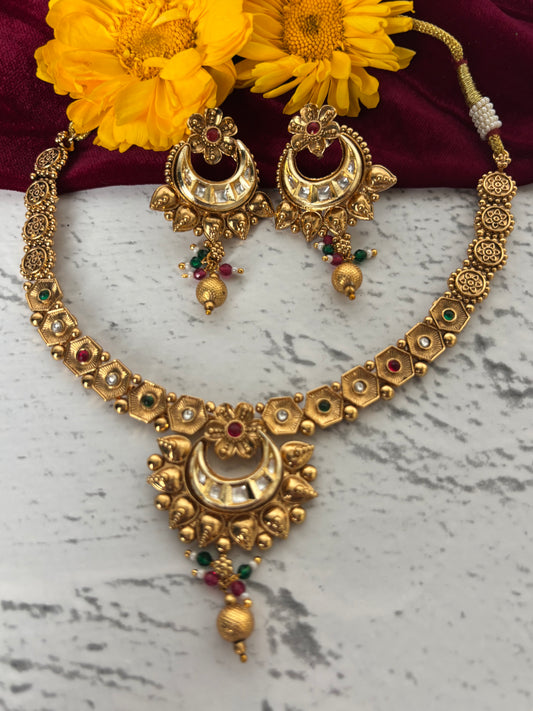Prisha Antique Gold Chandbali Necklace Set
