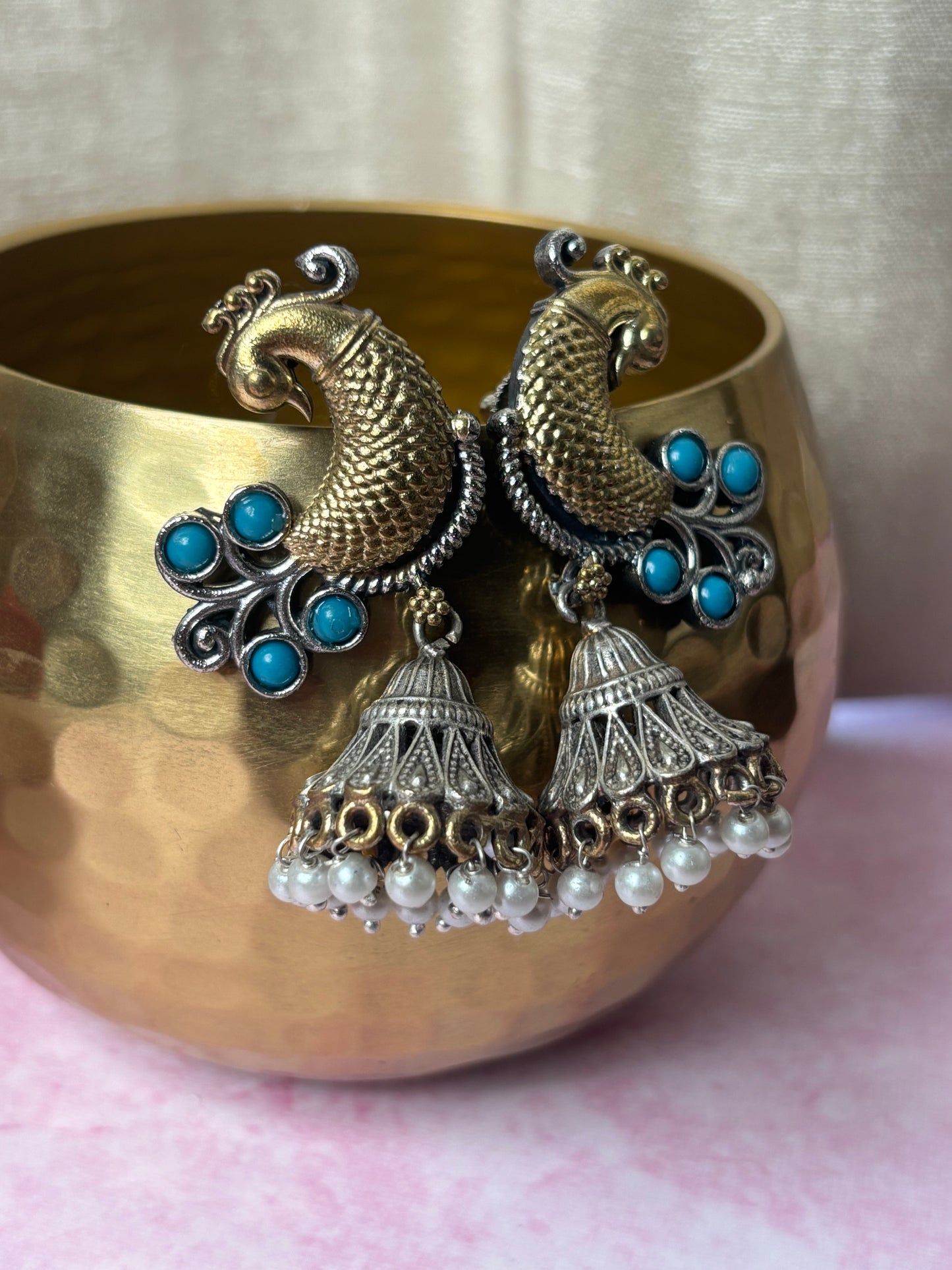 Aarohi Turquoise Blue Peacock Dual Tone Earrings