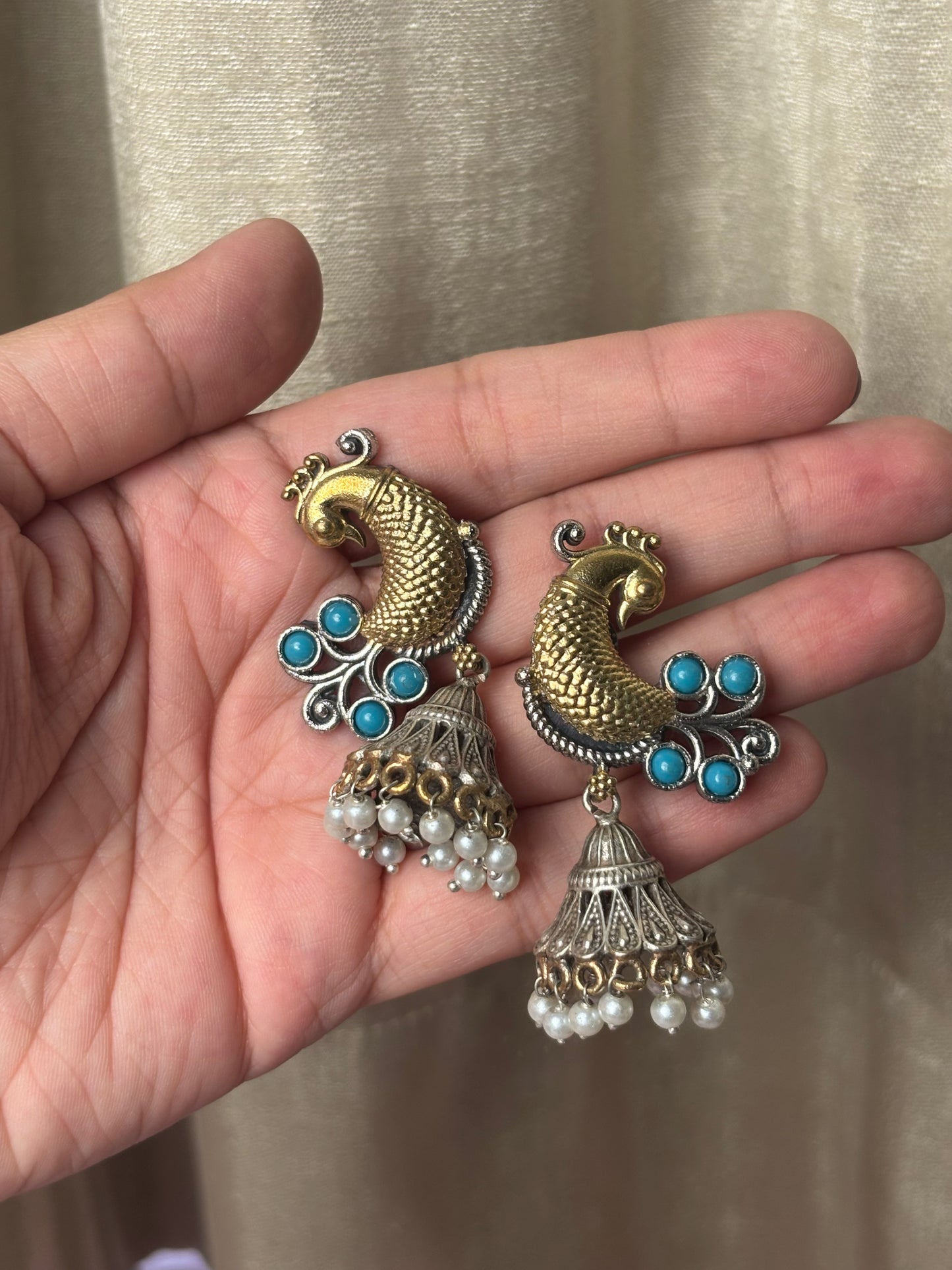 Aarohi Turquoise Blue Peacock Dual Tone Earrings