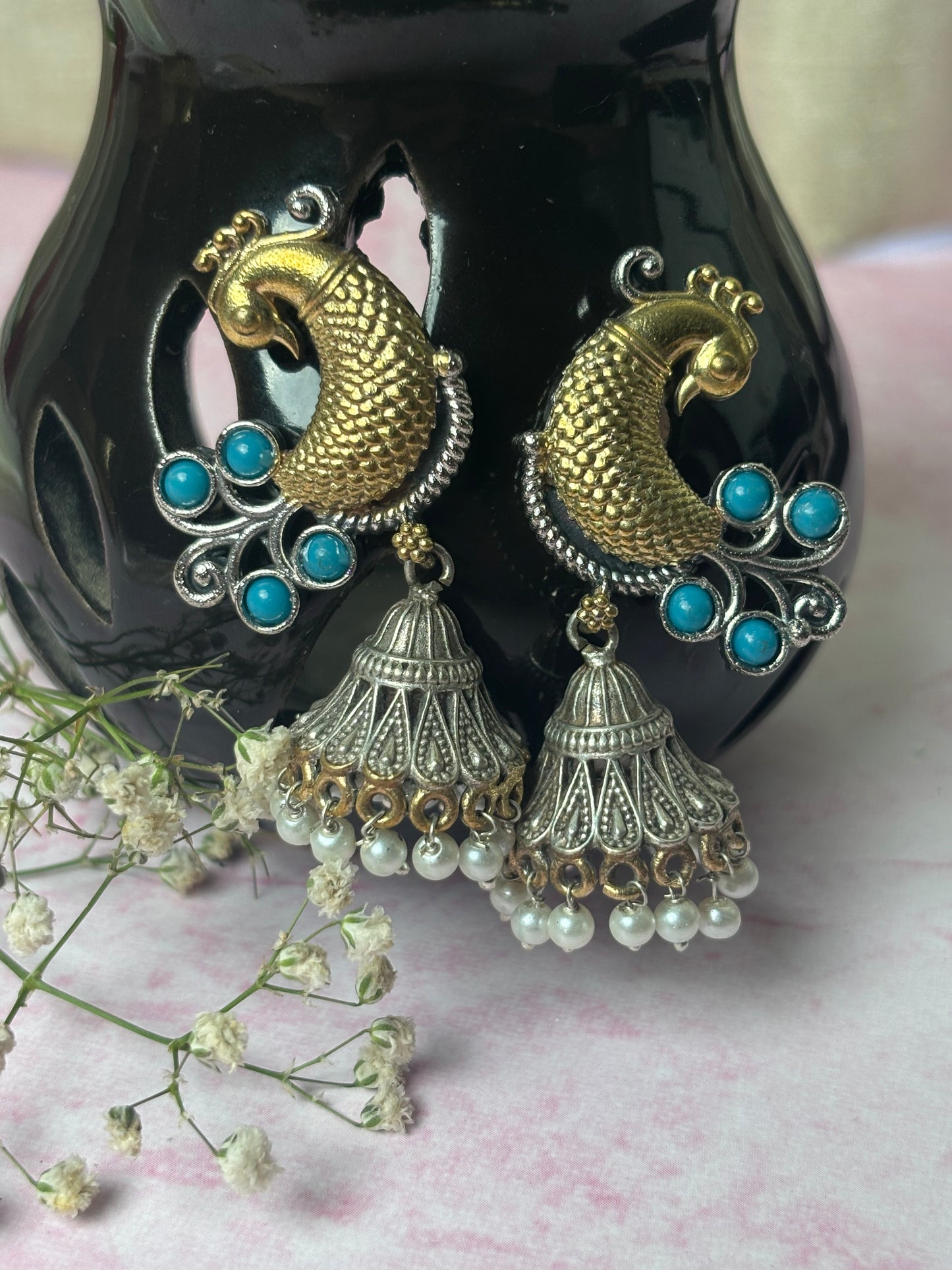 Aarohi Turquoise Blue Peacock Dual Tone Earrings