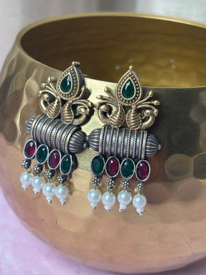 Vedika Green & Pink Dual Tone Earrings