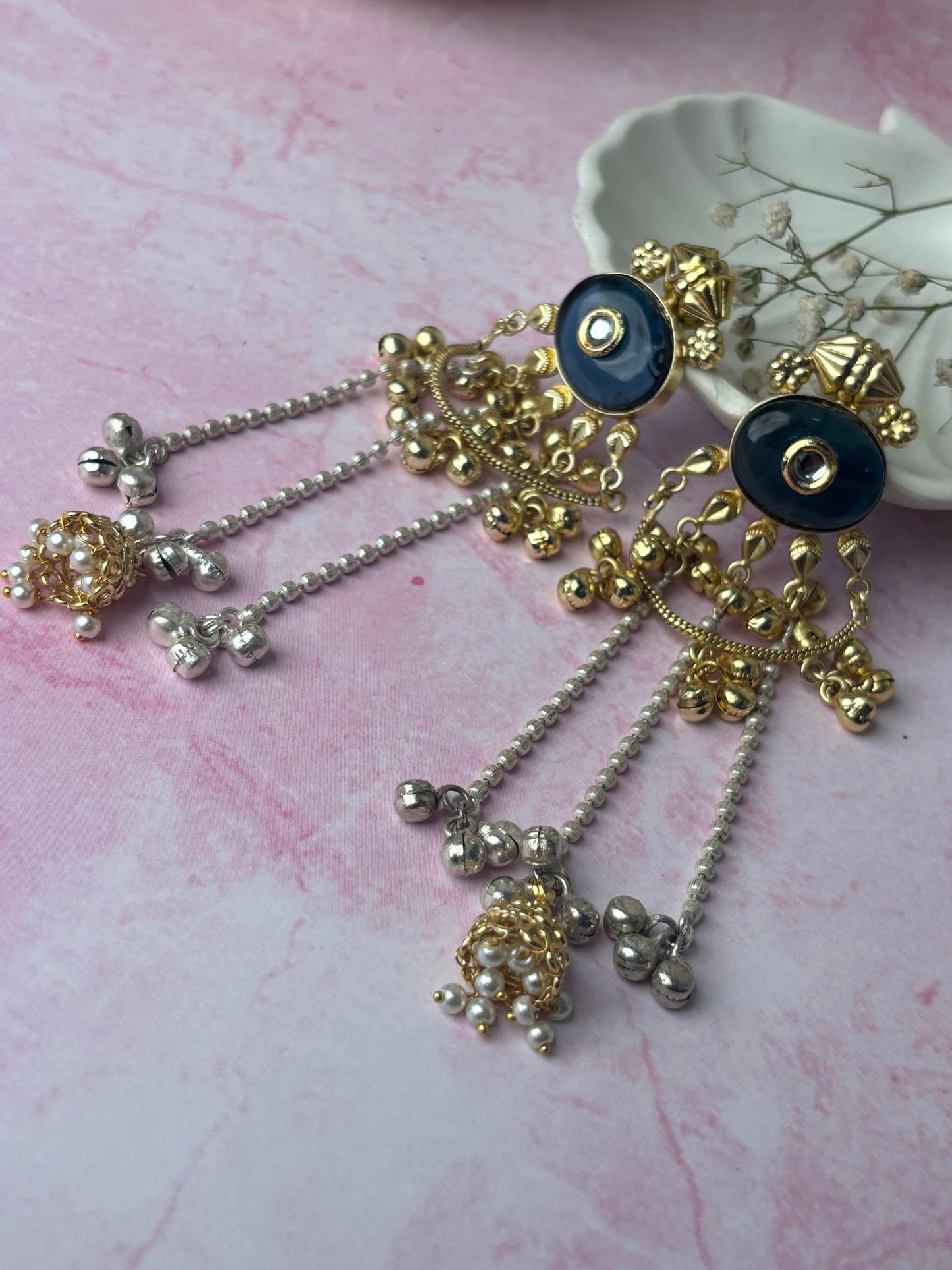 Sarika Golden with Dark Blue Stone Kashmiri Earrings