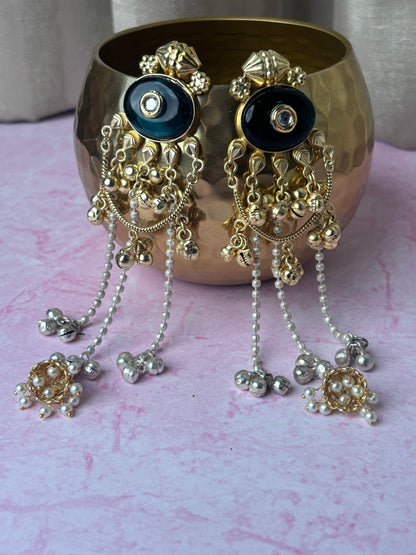 Sarika Golden with Dark Blue Stone Kashmiri Earrings