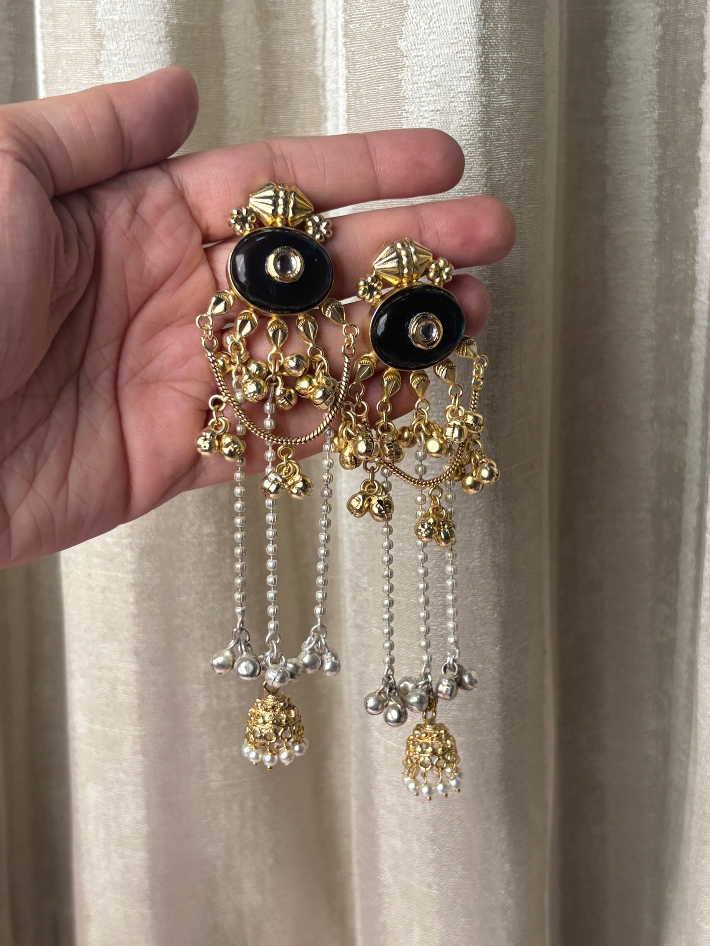 Sarika Golden with Dark Blue Stone Kashmiri Earrings