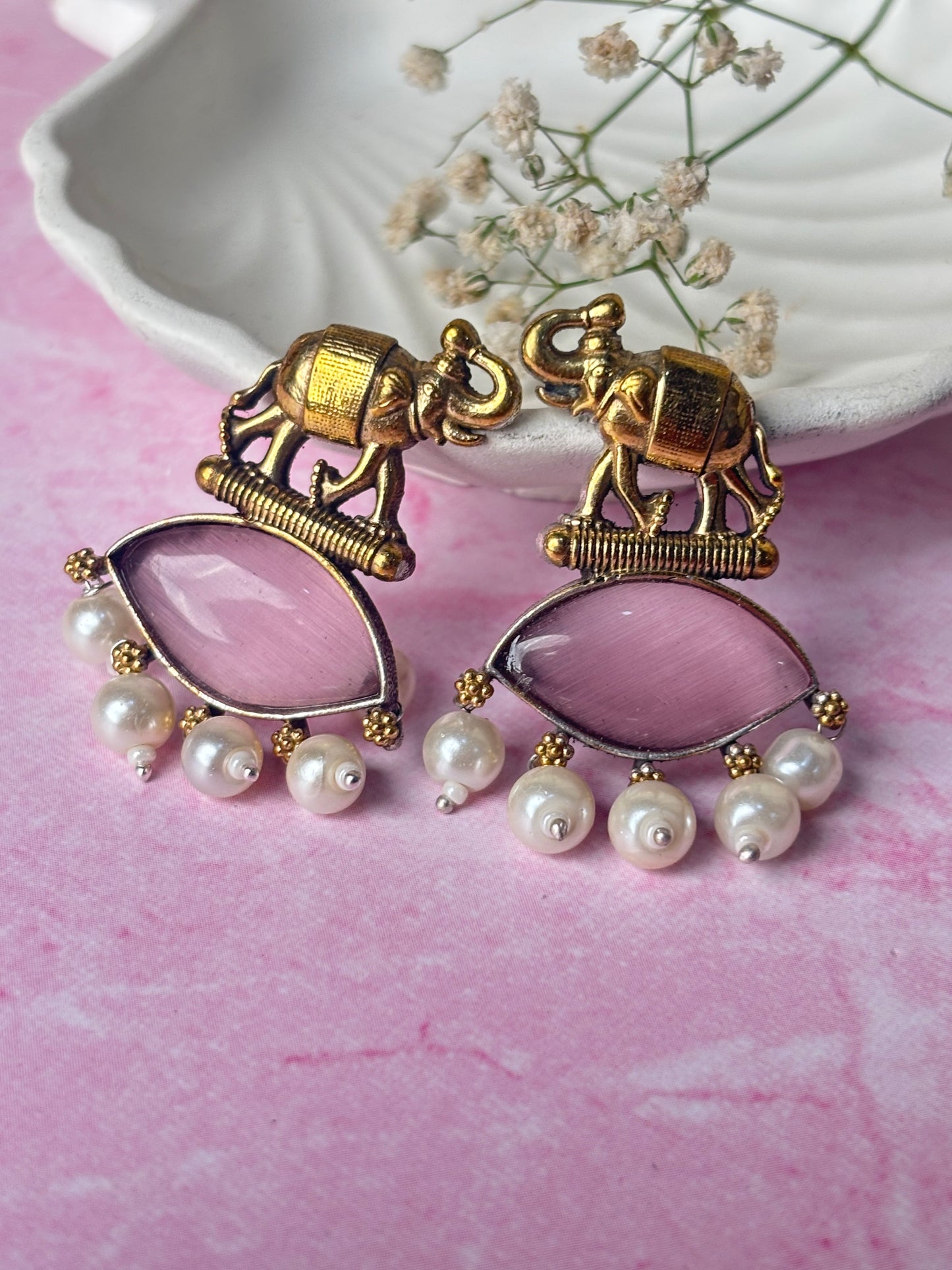 Sanika Pink Elephant Dual Tone Earrings