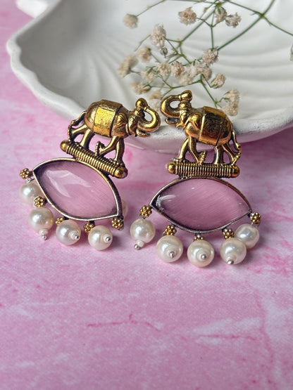 Sanika Pink Elephant Dual Tone Earrings