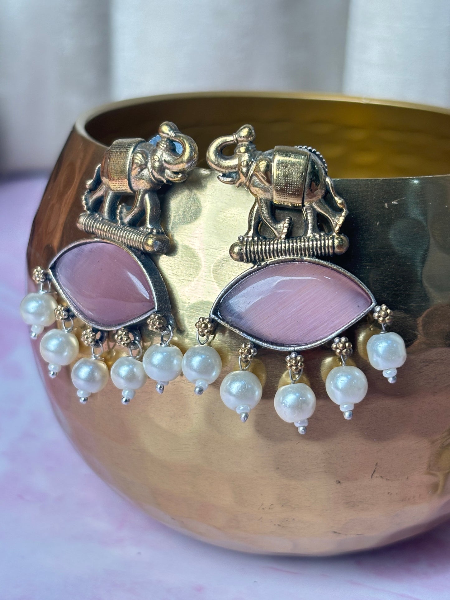 Sanika Pink Elephant Dual Tone Earrings