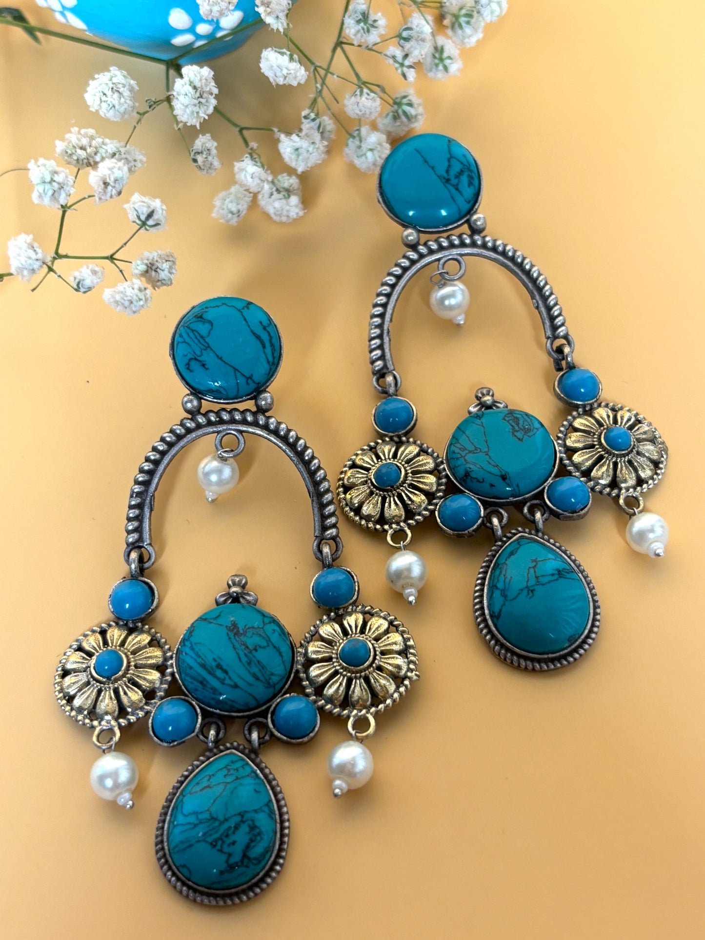 Prisha Turquoise Green Long Dual Tone Earrings