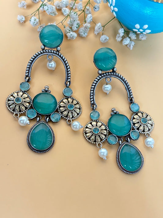 Prisha Sea Green Long Dual Tone Earrings