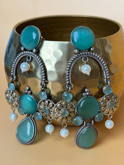 Prisha Sea Green Long Dual Tone Earrings