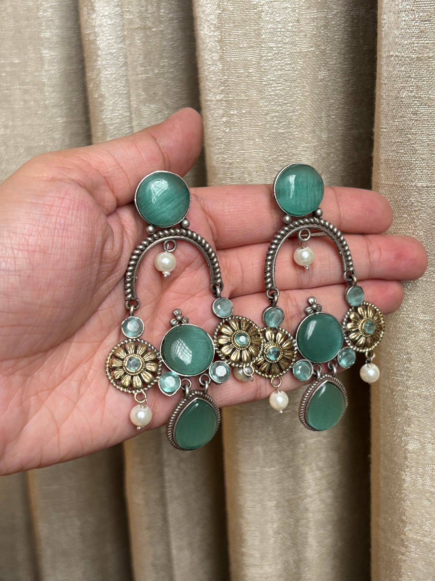 Prisha Sea Green Long Dual Tone Earrings