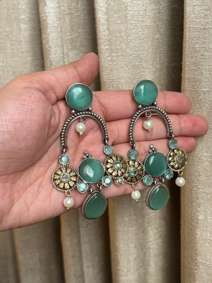 Prisha Sea Green Long Dual Tone Earrings