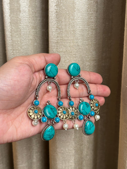 Prisha Turquoise Green Long Dual Tone Earrings
