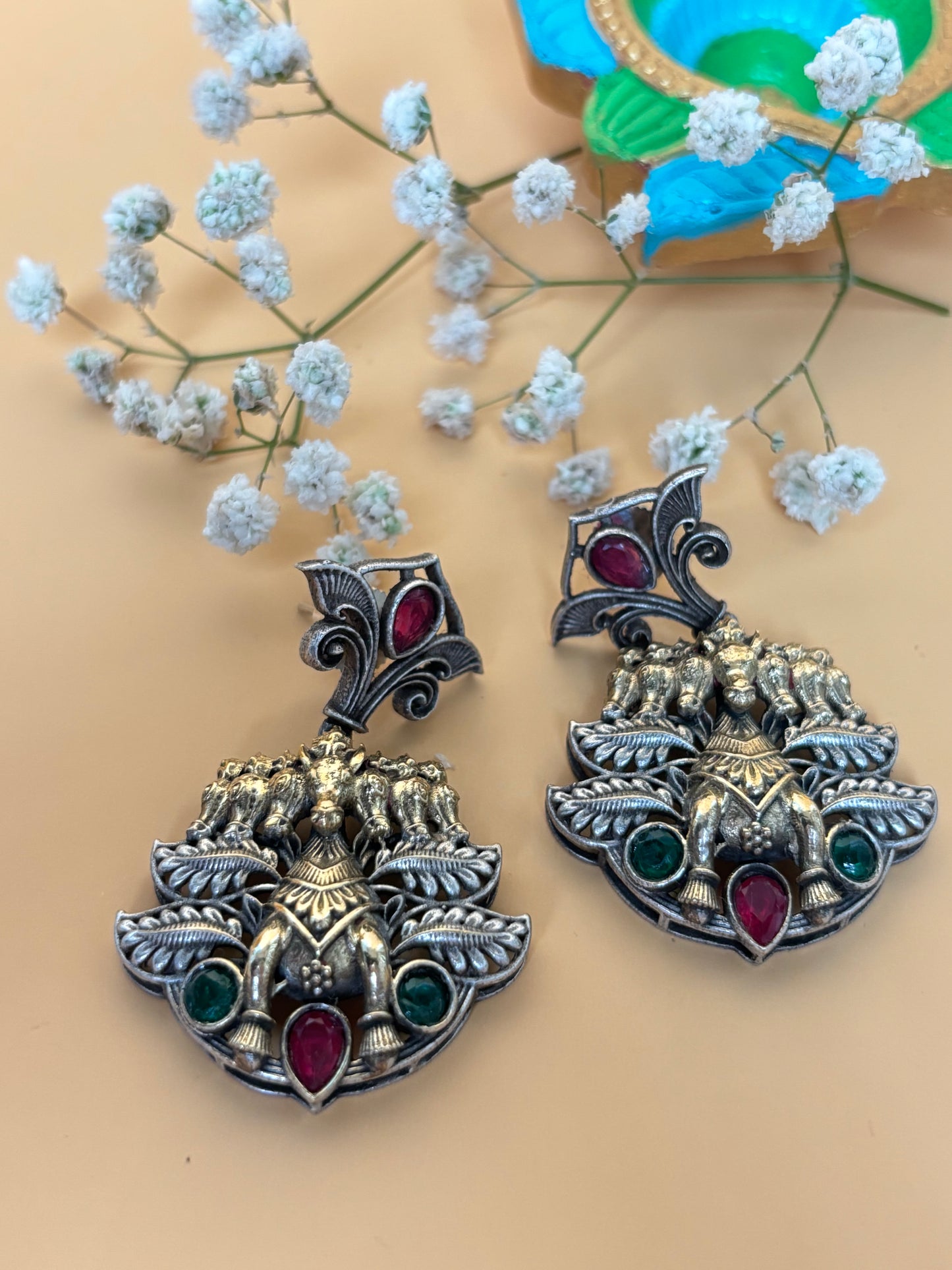 Anvika Pink & Green Seven Horse Earrings