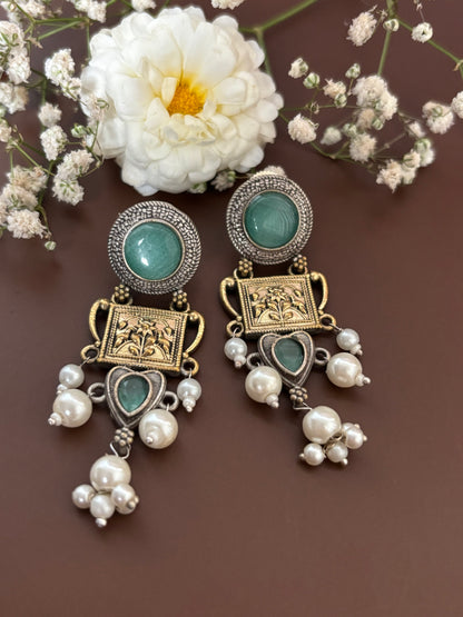 Mehar Sea Green Stone Dual tone earrings