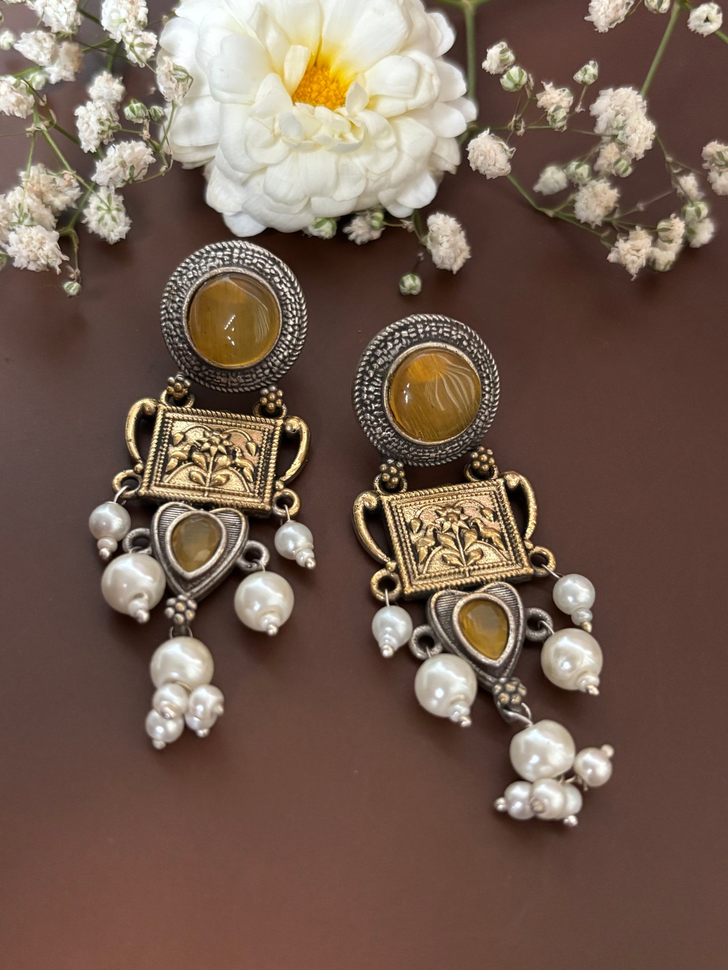 Mehar Yellow Stone Dual tone earrings