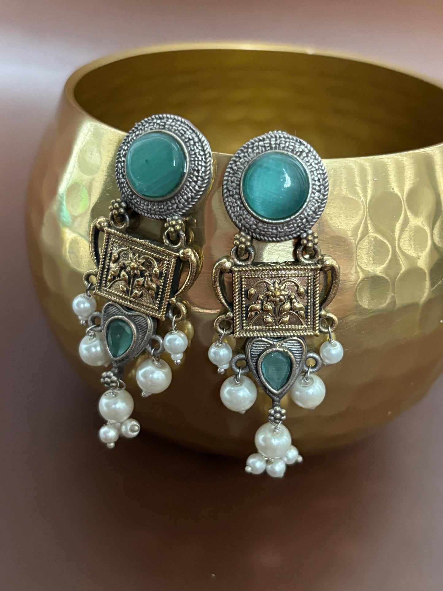 Mehar Sea Green Stone Dual tone earrings
