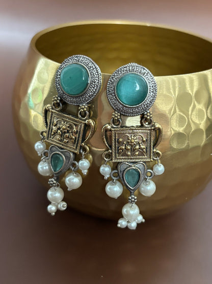Mehar Sea Green Stone Dual tone earrings