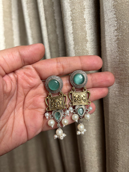 Mehar Sea Green Stone Dual tone earrings