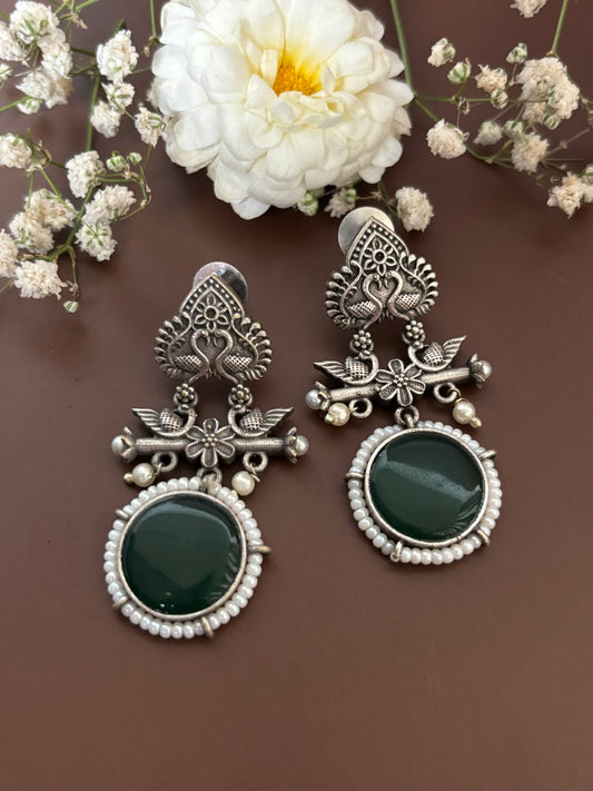 Kayra Green Stone Oxidized Earrings