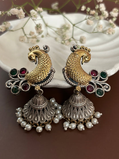 Aarohi Red & Green Peacock Dual Tone Earrings